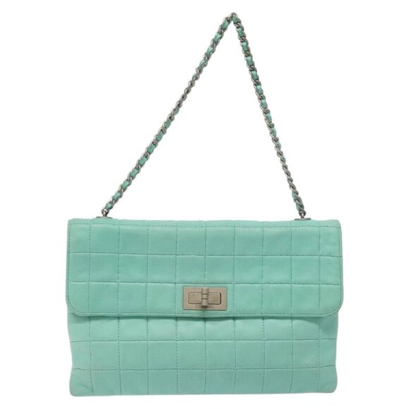 CHANEL Chain Choco Bar Shoulder Bag Lamb Skin Light Blue Silver CC Auth 126604 - Picture 1 of 15